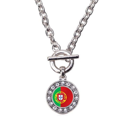 Silver Portugal Flag Circle Charm Toggle Necklace