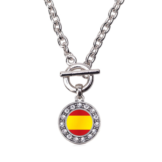Silver Spain Flag Circle Charm Toggle Necklace