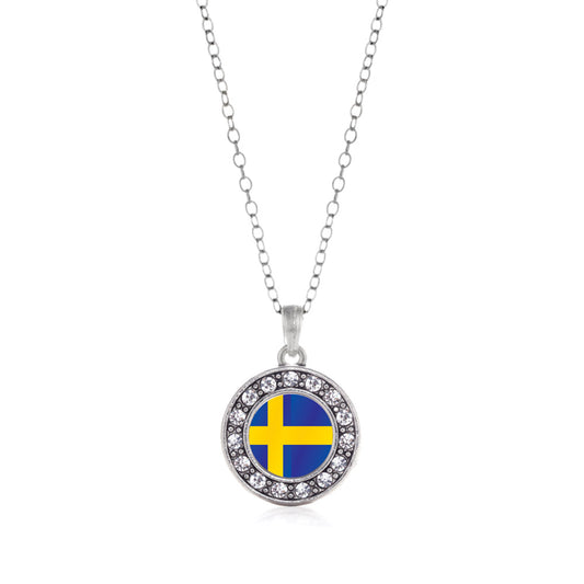 Silver Sweden Flag Circle Charm Classic Necklace