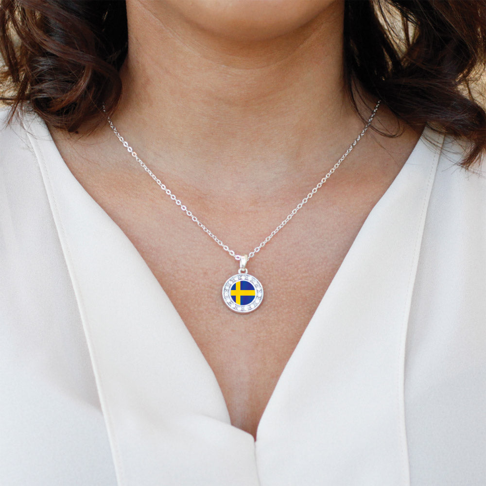 Silver Sweden Flag Circle Charm Classic Necklace