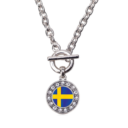 Silver Sweden Flag Circle Charm Toggle Necklace