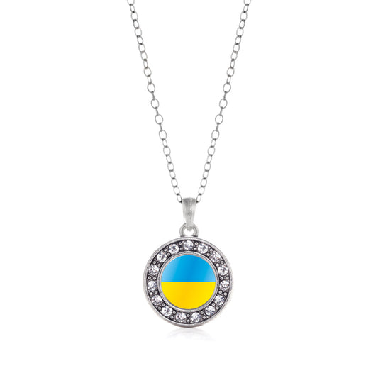 Silver Ukraine Flag Circle Charm Classic Necklace