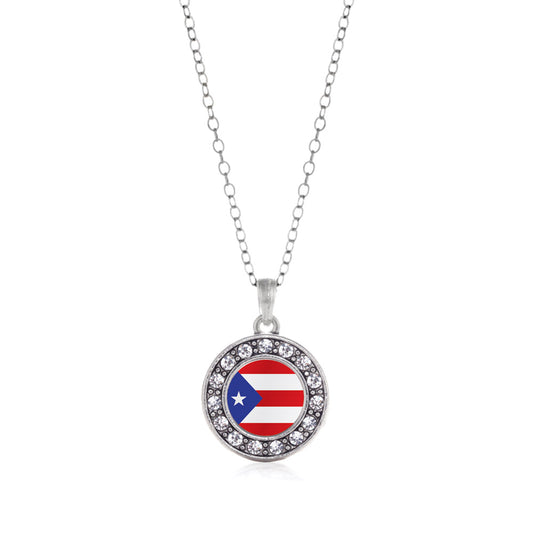 Silver Puerto Rico Flag Circle Charm Classic Necklace