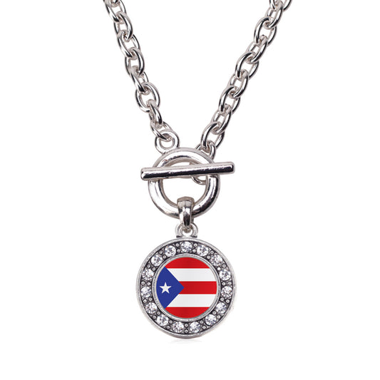 Silver Puerto Rico Flag Circle Charm Toggle Necklace