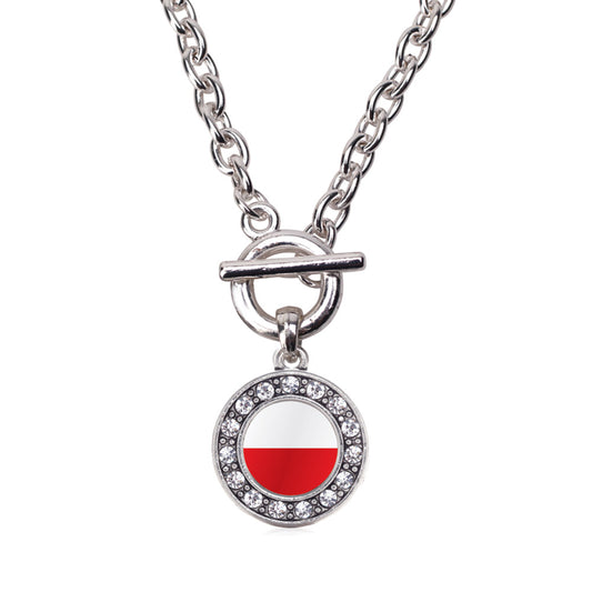Silver Poland Flag Circle Charm Toggle Necklace
