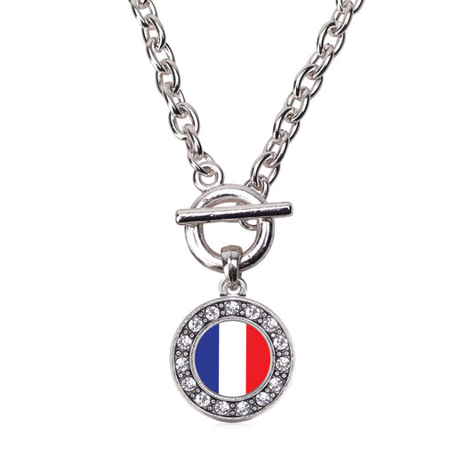 Silver France Flag Circle Charm Toggle Necklace