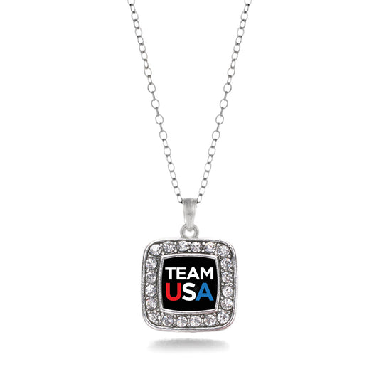 Silver Black Banner Team USA Square Charm Classic Necklace