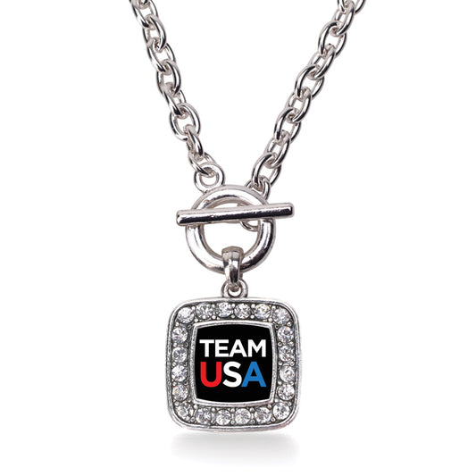 Silver Black Banner Team USA Square Charm Toggle Necklace