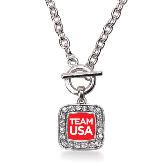 Silver Red Banner Team USA Square Charm Toggle Necklace