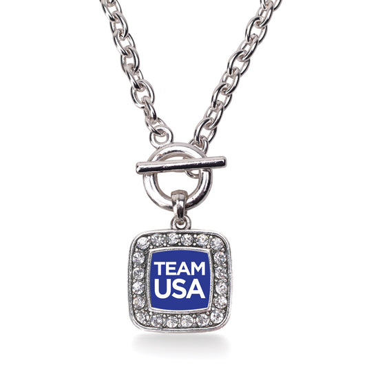 Silver Blue Banner Team USA Square Charm Toggle Necklace