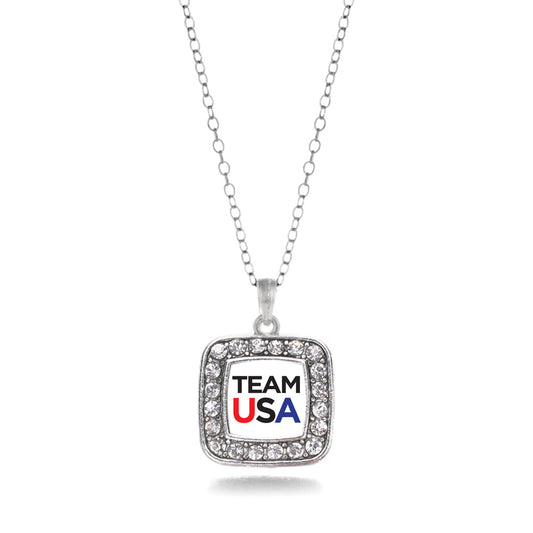 Silver White Banner Team USA Square Charm Classic Necklace