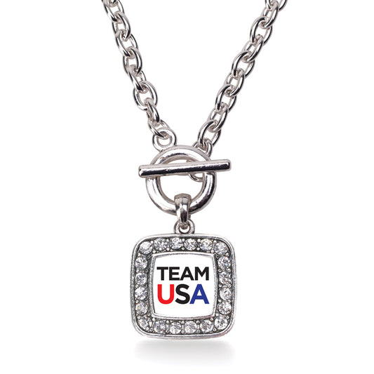 Silver White Banner Team USA Square Charm Toggle Necklace