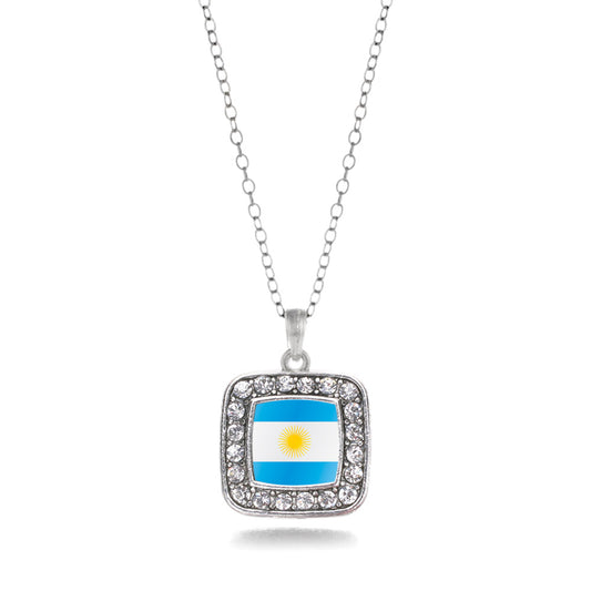 Silver Argentina Flag Square Charm Classic Necklace