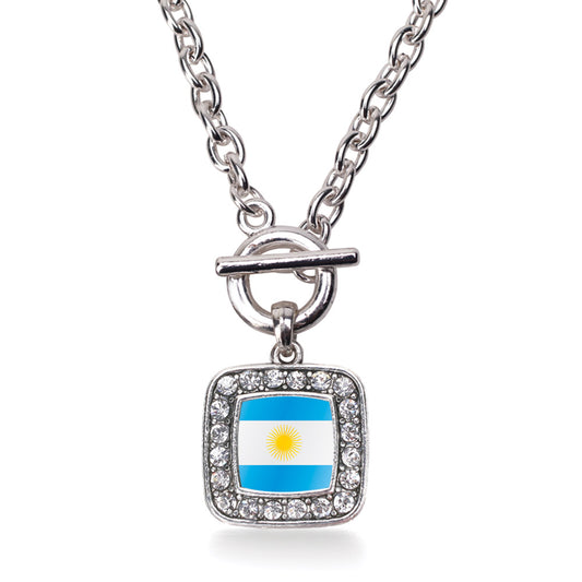 Silver Argentina Flag Square Charm Toggle Necklace