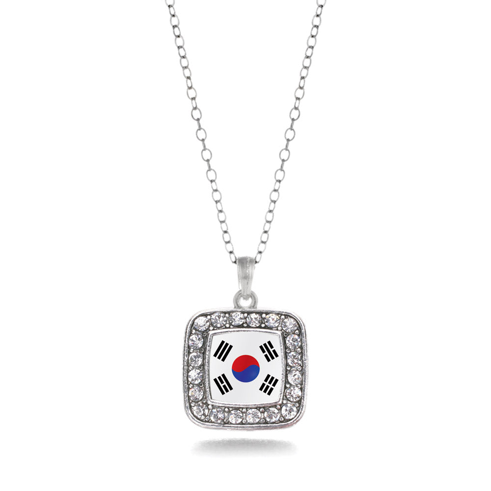 Silver Republic of Korea Flag Square Charm Classic Necklace