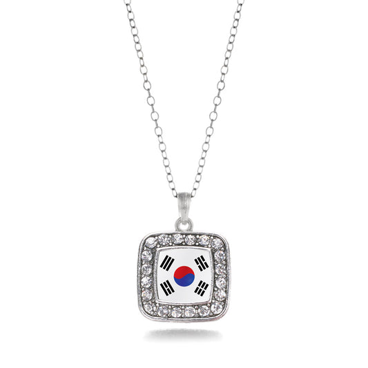 Silver Republic of Korea Flag Square Charm Classic Necklace