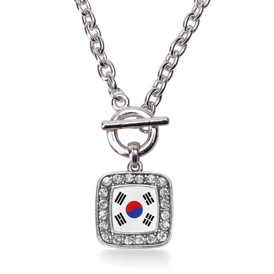 Silver Republic of Korea Flag Square Charm Toggle Necklace