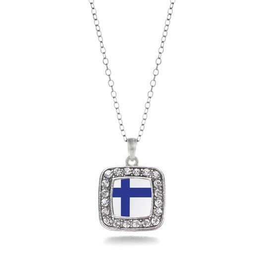 Silver Finland Flag Square Charm Classic Necklace