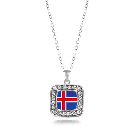 Silver Iceland Flag Square Charm Classic Necklace