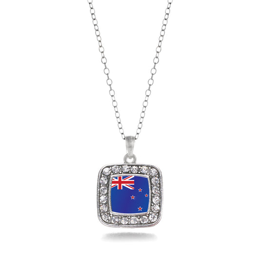 Silver New Zealand Flag Square Charm Classic Necklace