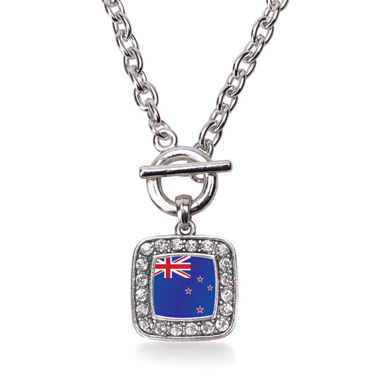 Silver New Zealand Flag Square Charm Toggle Necklace
