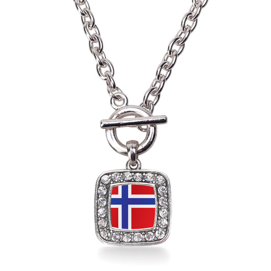 Silver Norway Flag Square Charm Toggle Necklace