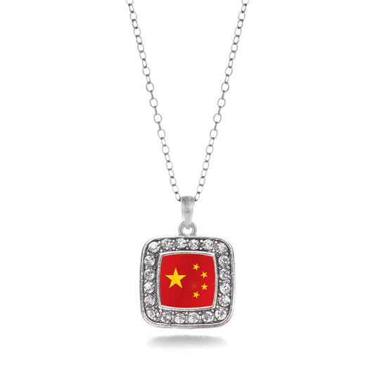 Silver China Flag Square Charm Classic Necklace