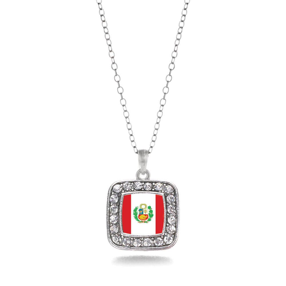 Silver Peru Flag Square Charm Classic Necklace