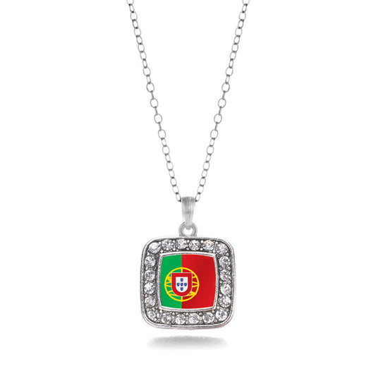 Silver Portugal Flag Square Charm Classic Necklace