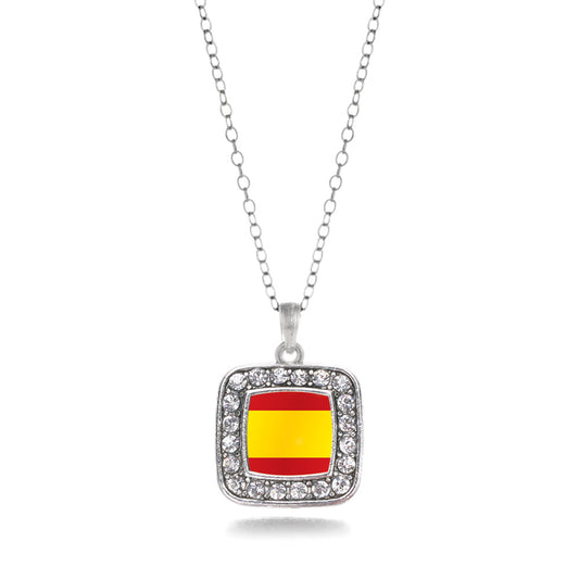 Silver Spain Flag Square Charm Classic Necklace