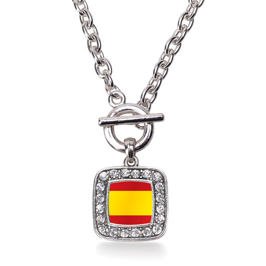 Silver Spain Flag Square Charm Toggle Necklace