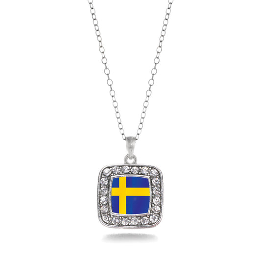 Silver Sweden Flag Square Charm Classic Necklace