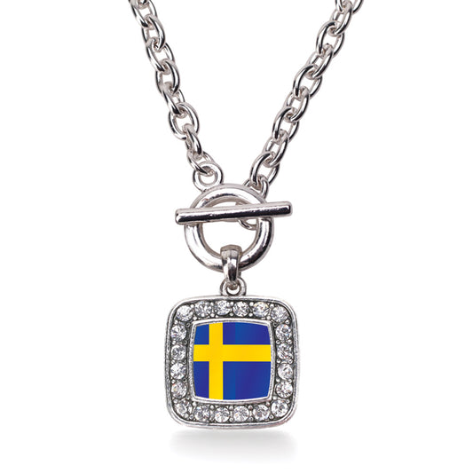 Silver Sweden Flag Square Charm Toggle Necklace