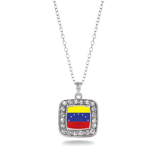 Silver Venezuela Flag Square Charm Classic Necklace
