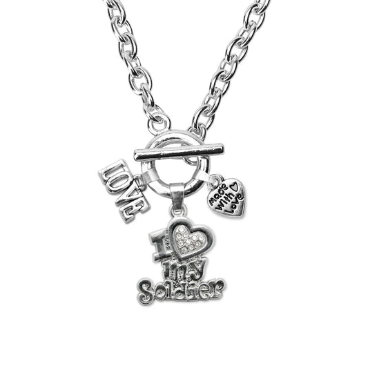 Silver Love I Love My Soldier Charm Toggle Necklace