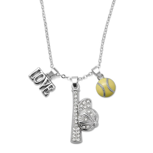 Silver Love Hat and Bat Softball Charm Classic Necklace