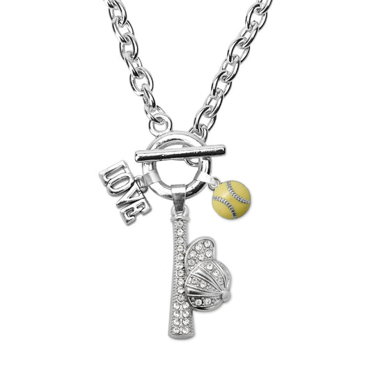 Silver Love Hat and Bat Softball Charm Toggle Necklace