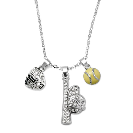 Silver Love Hat and Bat Softball Glove Charm Classic Necklace