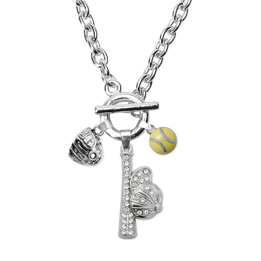 Silver Love Hat and Bat Softball Glove Charm Toggle Necklace