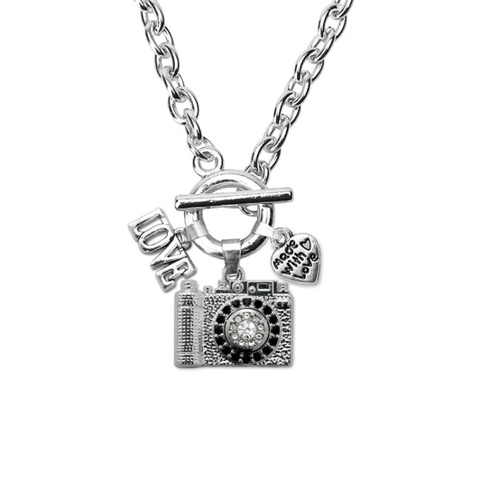 Silver Love Vintage Camera Charm Toggle Necklace