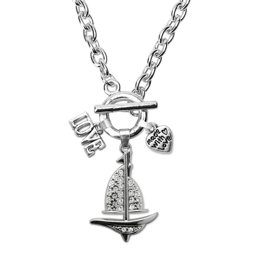 Silver Love Sail Boat Charm Toggle Necklace