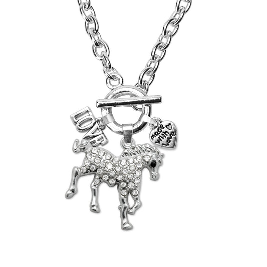Silver Love Galloping Horse Charm Toggle Necklace