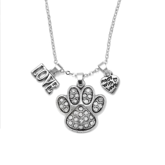 Silver Love Pave Paw Print Charm Classic Necklace