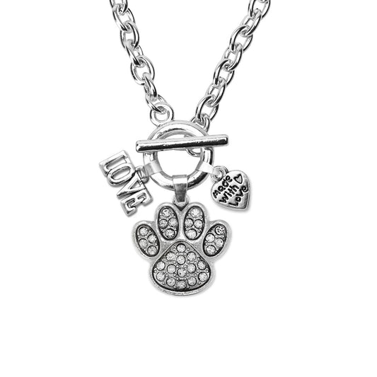 Silver Love Pave Paw Print Charm Toggle Necklace