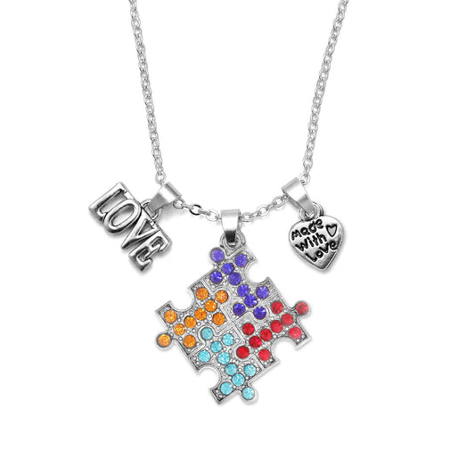 Silver Love Pave Autism Jigsaw Charm Classic Necklace