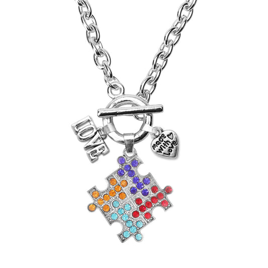 Silver Love Pave Autism Jigsaw Charm Toggle Necklace