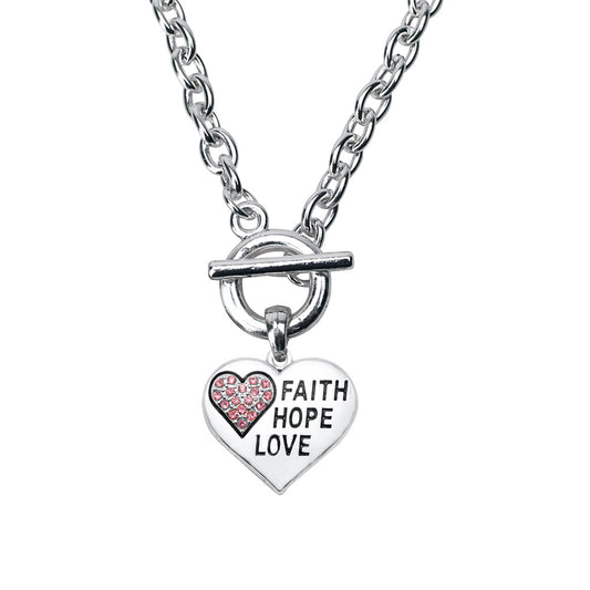 Silver Faith Hope Love Heart Charm Toggle Necklace