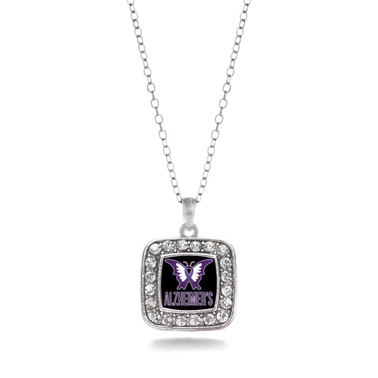 Silver Alzheimers Awareness Square Charm Classic Necklace