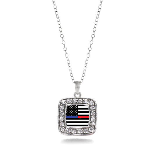 Silver Thin Blue Line and Thin Red Line American Flag Square Charm Classic Necklace