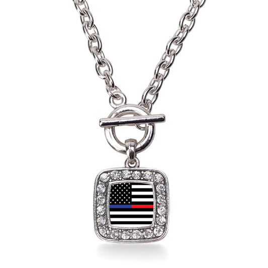 Silver Thin Blue Line and Thin Red Line American Flag Square Charm Toggle Necklace